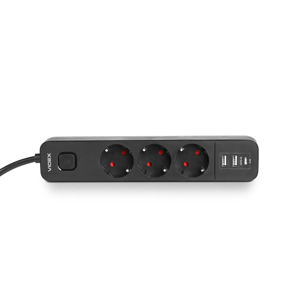 Мережевий подовжувач VIDEX ONCORD з/з 3п 3м (3x1.5мм) 2.4А 2USB+USB-C з кнопкою Black VIDEX (27694-000) - фото 5