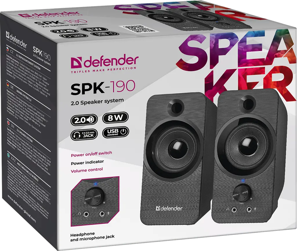 Колонки Defender SPK - 190 Black 8 Вт 3.5 мм 2.0 живлення від USB, регулятор гучності, роз'єм для навушників та мікрофона (65190) - фото 3