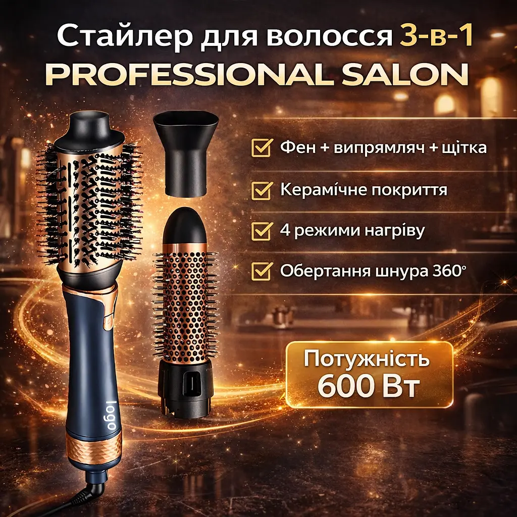 Професійний стайлер для волосся 3 в 1 New Professional Salon — фен-щітка, випрямляч та укладка / 600 Вт / 4 режими нагріву - фото 2