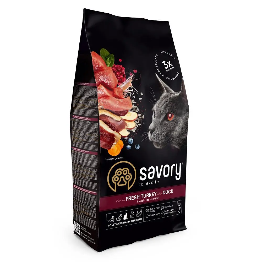 Корм сухий Savory Adult Cat Steril Fresh Turkey and Duck для стерилізованих котів з індичкою та качкою 2 кг