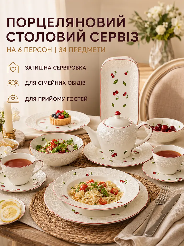 Столовий сервіз фарфоровий на 6 персон 34 предмети, тарілки 25,5/20,5 см, чашки 250 мл (49676225) - фото 3