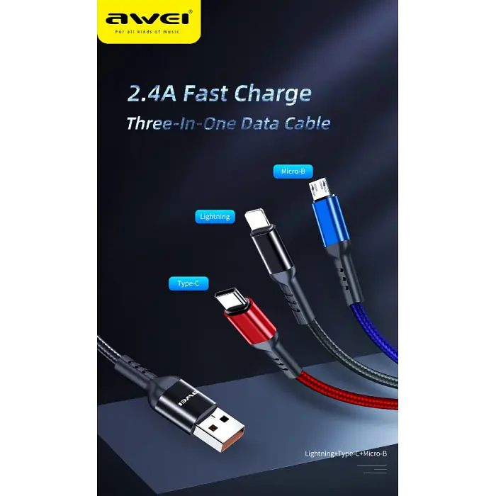 Кабель для заряджання телефонів AWEI CL 971 3 в 1 USB to Type-C+Lightning+MicroUSB 2,4A - фото 2