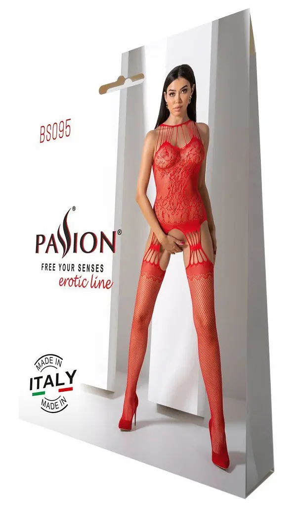 Бодістокінг з безліччю бретелей Passion BS095 One Size, red, імітація пояса та панчіх, з доступом - фото 6