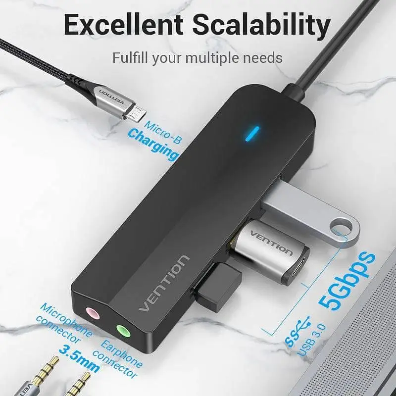 Хаб USB 3.1 Type-C -> 3xUSB 3.0/MicroUSB/3.5mm Sound Adapter чорний Vention - фото 3