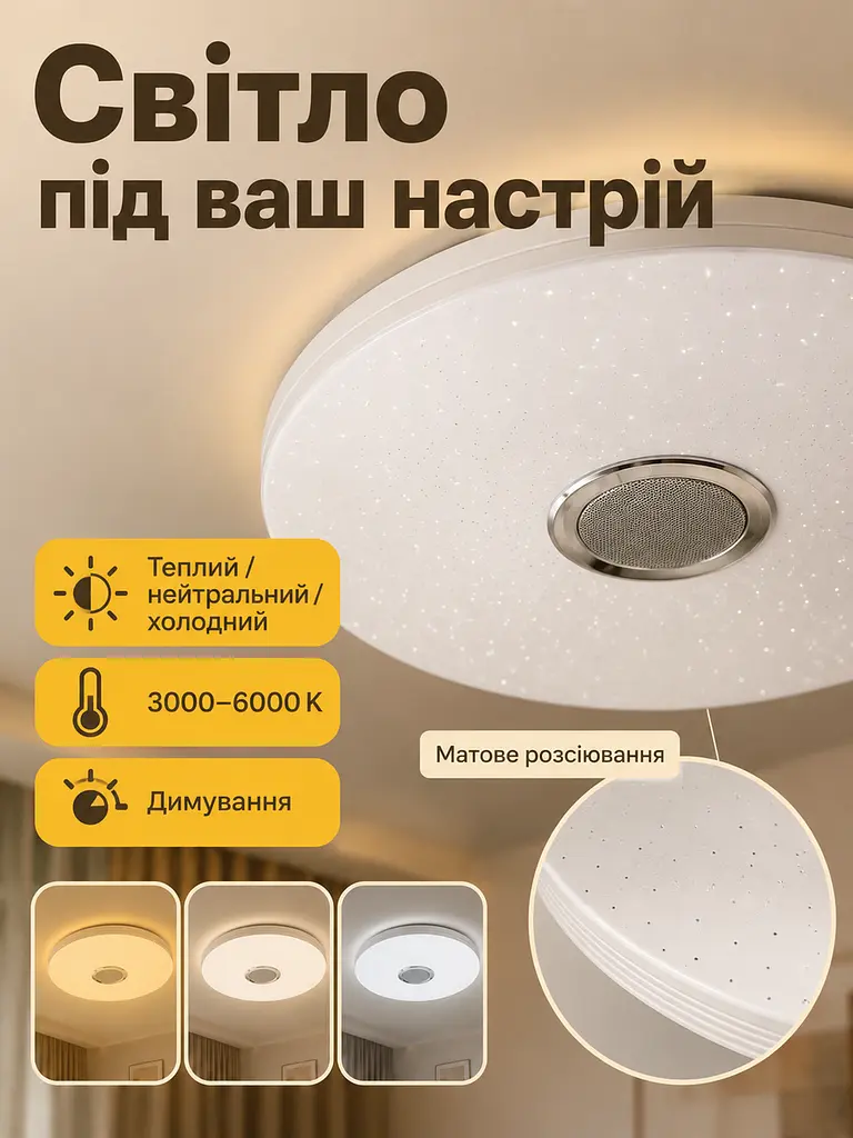 Світлодіодна стельова люстра-світильник RGB з Bluetooth колонкою та пультом (26276280) - фото 3