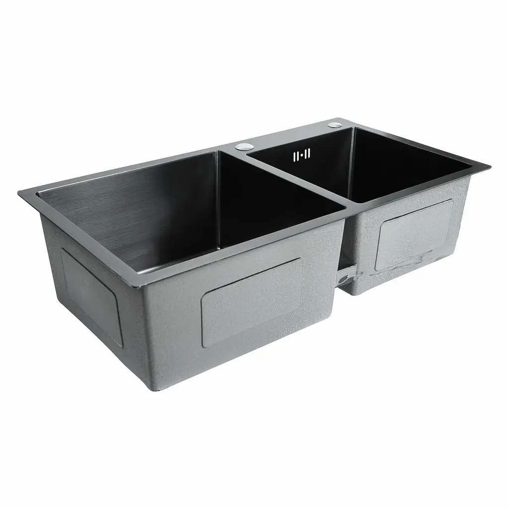 Кухонна мийка 78x43 PVD чорна на дві чаші Platinum Handmade HDB (круглий сифон, 3.0/0.8), Чорний - фото 3