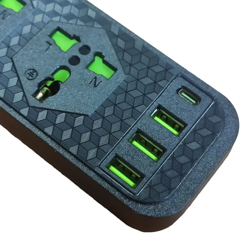 Мережевий фільтр подовжувач 2 метри на 4 розетки, 3 USB 3.4A, Type-C з вимикачем та заземленням 3000Вт 16А Power Socket J02 чорний - фото 3