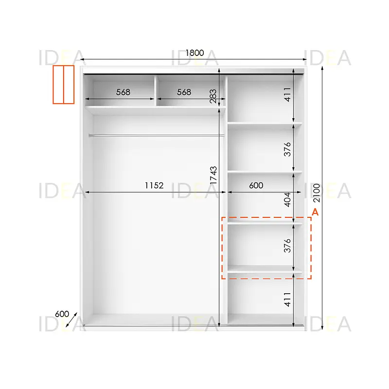 Шафа-купе Idea серія 5 180 x 60 x 210 см Білий Дзеркало - фото 2