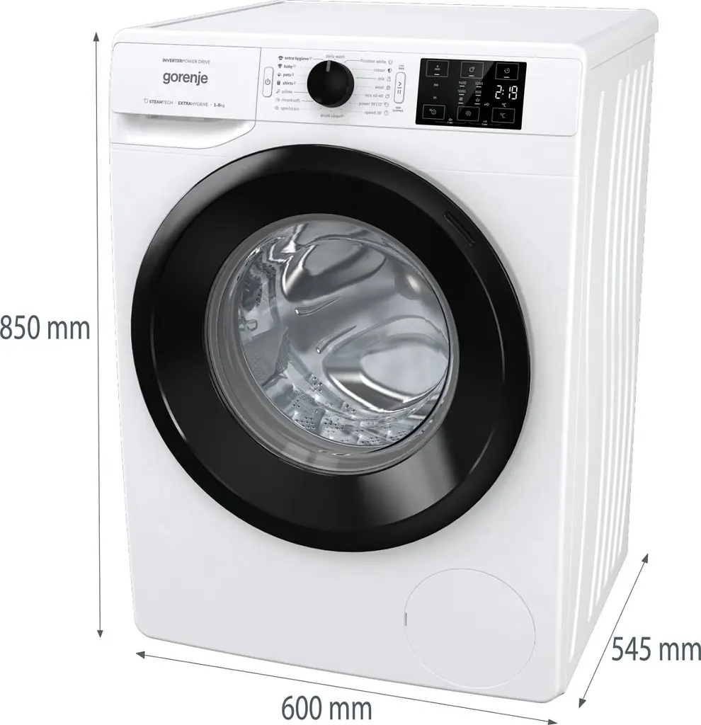 Пральна машина Gorenje фронтальна, 8кг, 1400, A+++, 55см, дисплей, пар, інвертор, білий (WNEI84BS) - фото 12