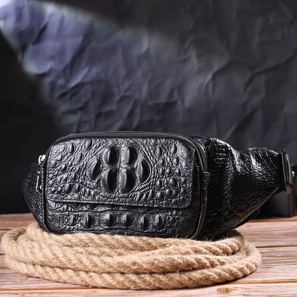 Стильна поясна сумка з натуральної шкіри з фактурою під крокодила 21297 Vintage чорна - фото 6