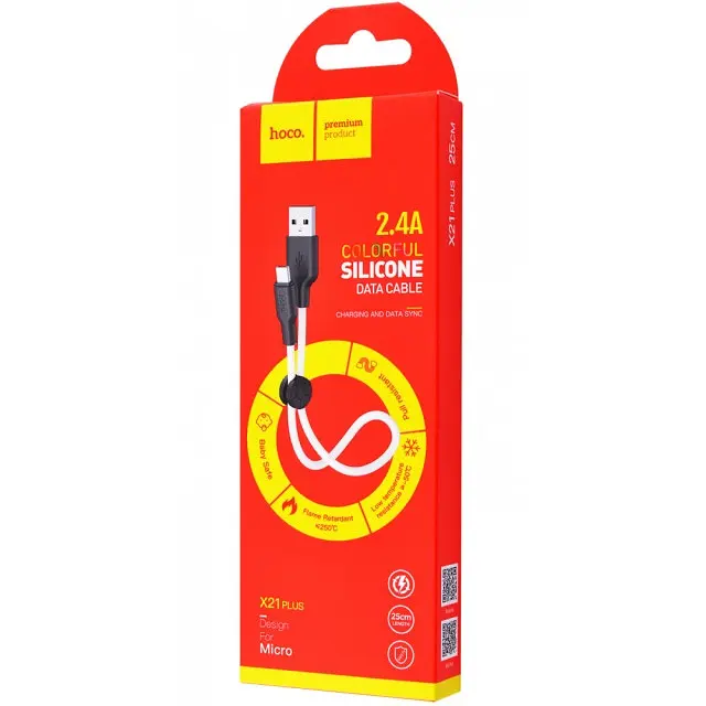 Кабель Hoco X21 Pisces Cable USB to MicroUSB 2,4A 0.25m Black - White - фото 2