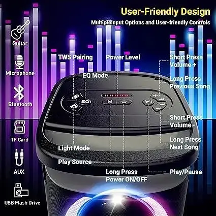 Портативний Bluetooth-динамік для вечірок: 160 Вт пікової потужності, гучний звук, глибокий бас, бездротовий бумбокс - фото 4