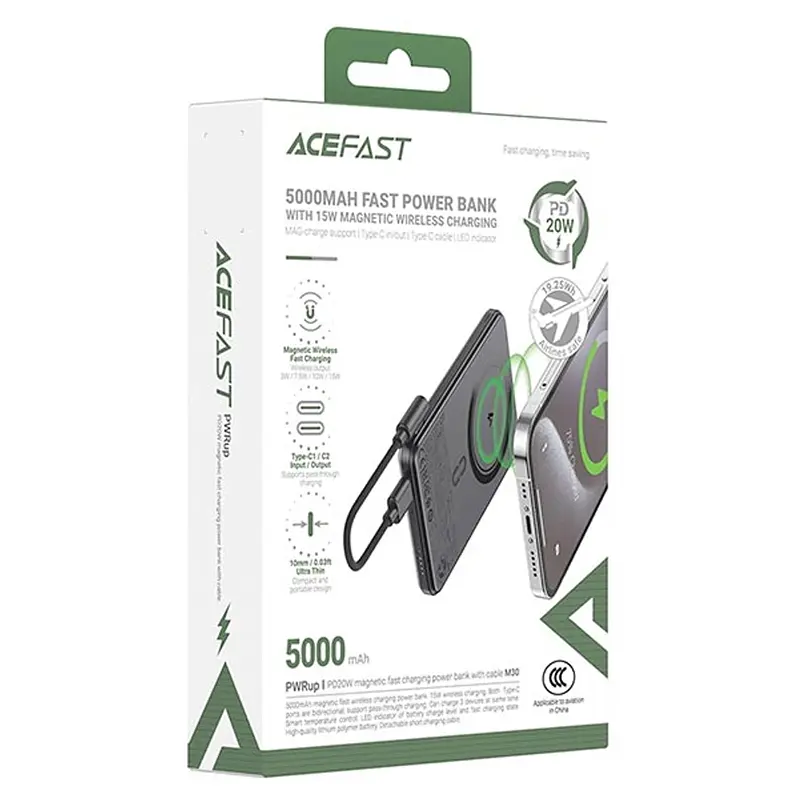 Портативний ЗП Power Bank Acefast M30 PD20W з Бездротовий зарядний пристрій with cable 5000 mAh Black - фото 6