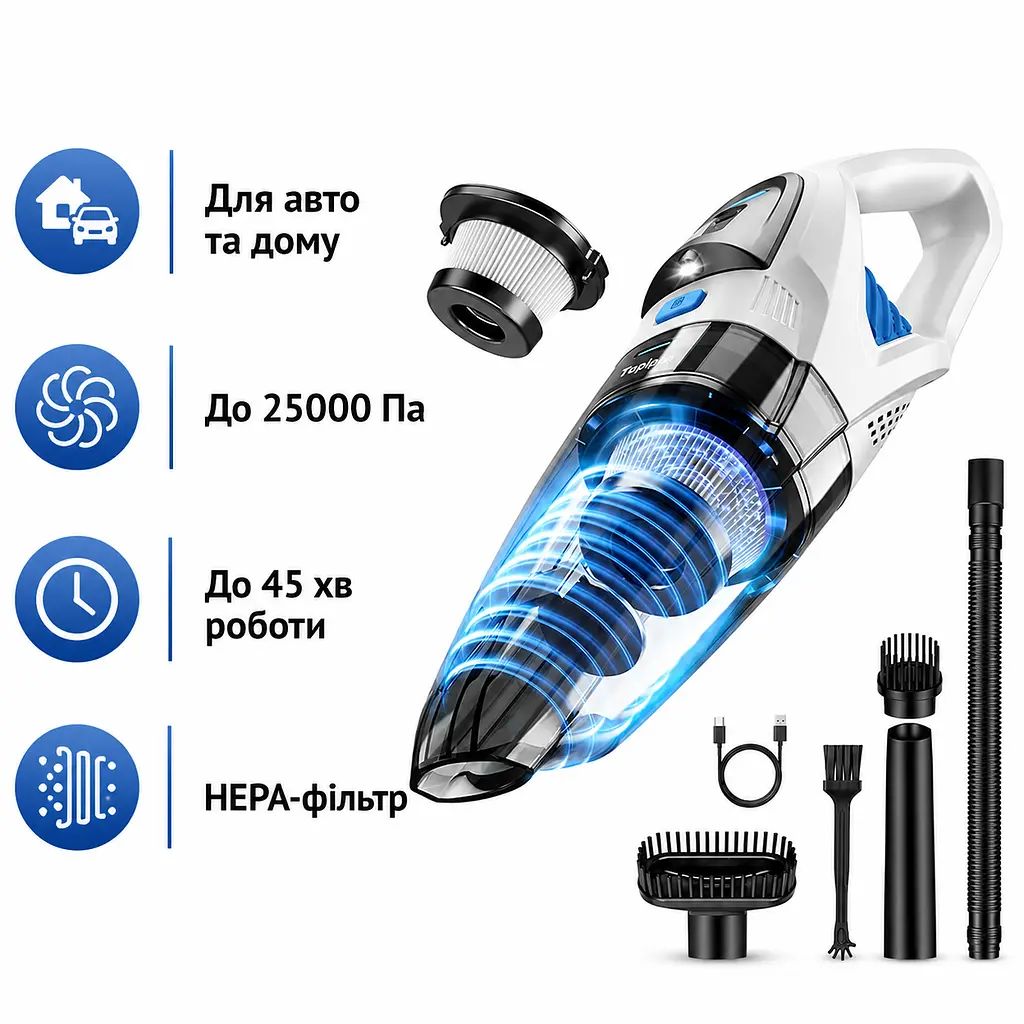 Акумуляторний автомобільний ручний пилосос Topipop GV09 25000 Па бездротовий з HEPA-фільтром та насадками білий (SKU-114) - фото 2