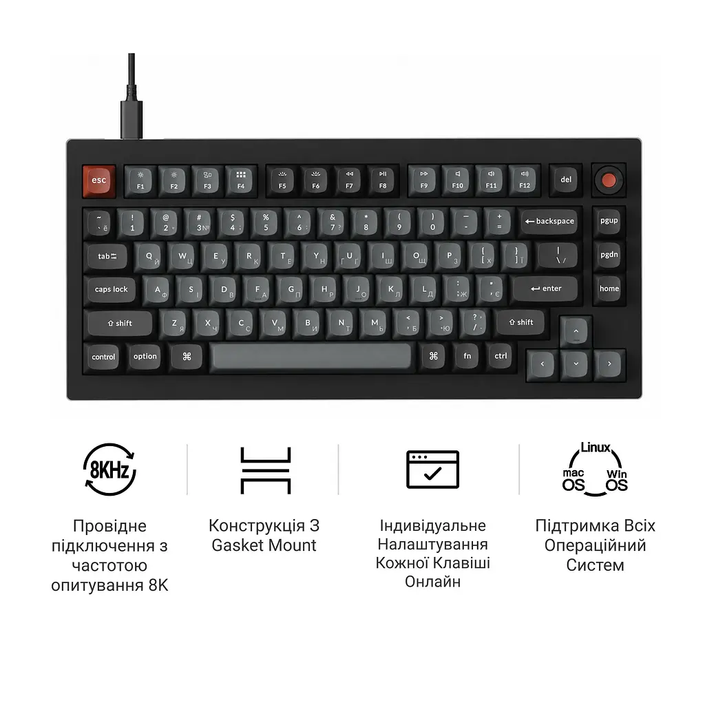 Клавіатура Keychron V1 8K Keychron Super Red Switch Black RGB (V1W-D1-UA) - фото 8