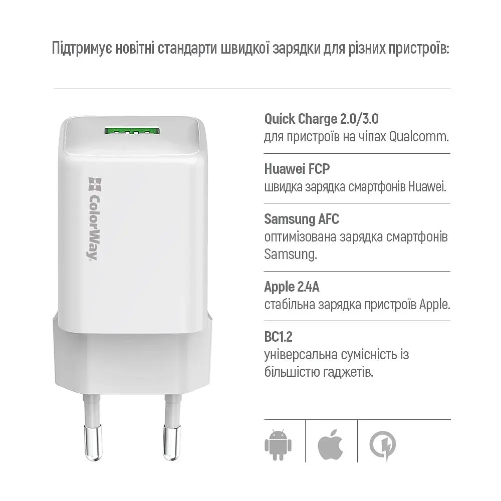 Зарядний пристрій ColorWay USB QC3.0 18W white (CW-CHS063Q-WT) - фото 8