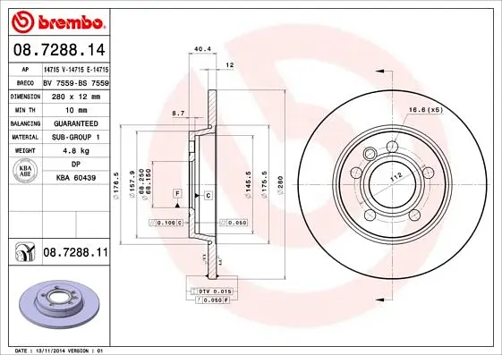 Диск гальмівний невентильований VW Transporter, California, T4 90-04р Brembo (08.7288.14) - фото 2