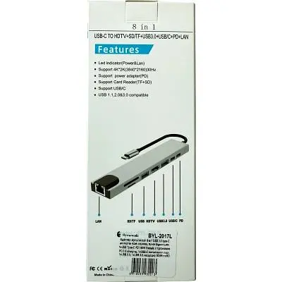 Концентратор Dynamode USB-C 8-in-1 HDMI 4K30Hz + 1xRJ45 + 1xUSB 3.0 + 1xUSB 2.0 + 1xUSB-C PD (BYL-2017L) - фото 9