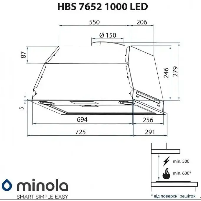 Витяжка вбудована Minola HBS 7652 BL 1000 LED - фото 10