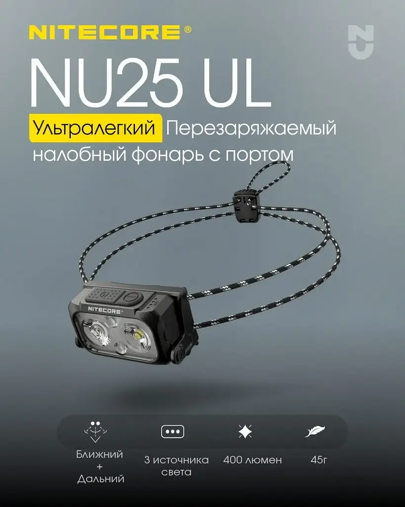 Налобний легкий ліхтарик Nitecore NU25 UL New з білим та червоним світлом (Чорний) - фото 6
