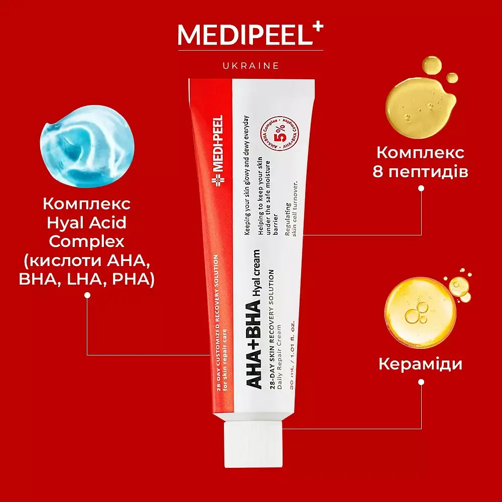 Крем-пілінг для обличчя  Medi-Peel AHA BHA 28 Days Hyal Cream відновлювальний з кислотами та пептидами 30 мл - фото 3