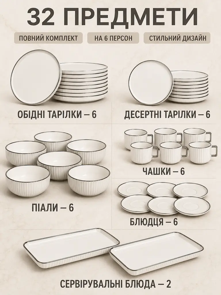 Столовий сервіз фарфоровий на 6 персон 32 предмети молочно-білий зі срібною окантовкою (49676211) - фото 8