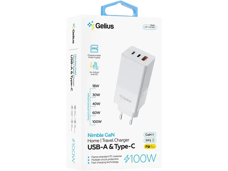 Мережевий зарядний пристрій Gelius Nimble GaN GP-HC061 100 W White - фото 6