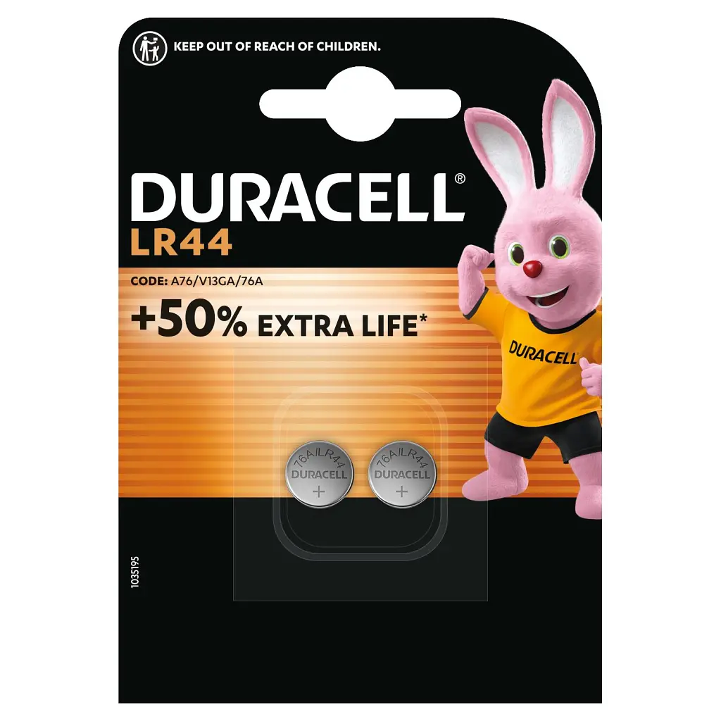 Батарейка Duracell LR44 1.5V спеціалізована лужна типу таблетка, 76A/A76/V13GA, 2 шт. в упаковці (5000394504424 / 5007795) - фото 2