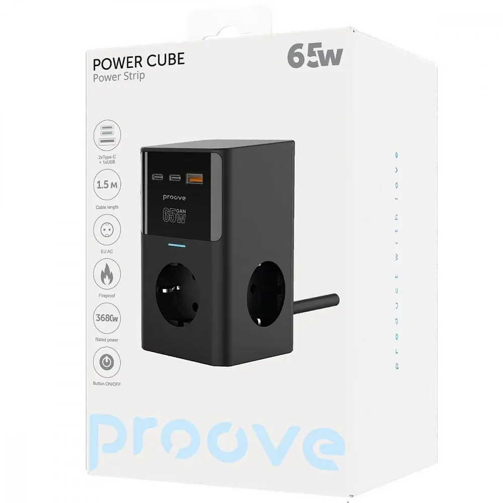 Мережевий фільтр Proove Power Cube 65W (3xAC + 2xType-C + 1xUSB) 1.5m black (PSPC36801201) - фото 6