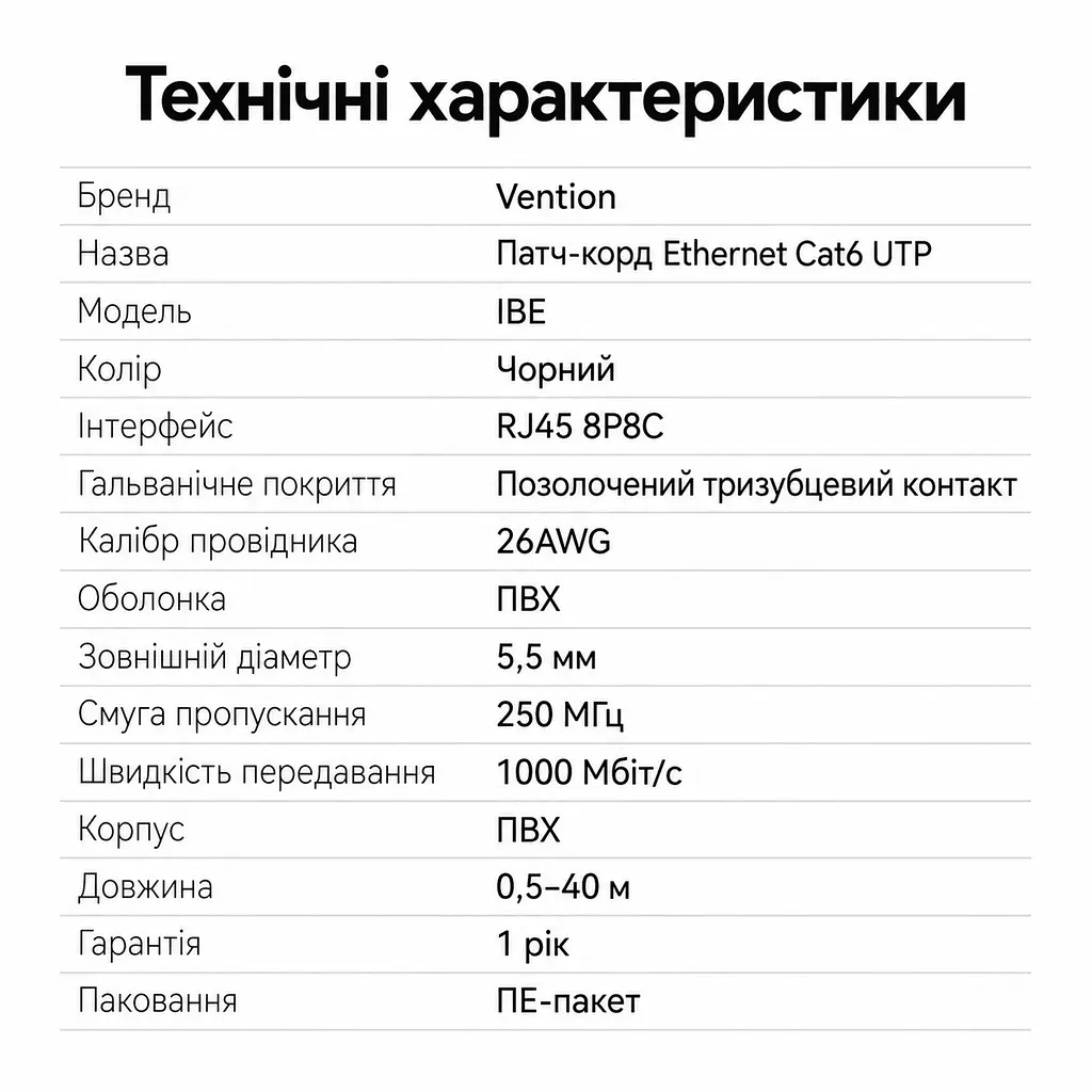 Мережевий кабель Vention 1 м патч-корд штекери RJ45 8P8C на обох кінцях Cat6 UTP швидкість передавання 1000 Мбіт/с за умови підтримки Gigabit Ethernet обома мережевими портами чорний (IBEBF) - фото 10