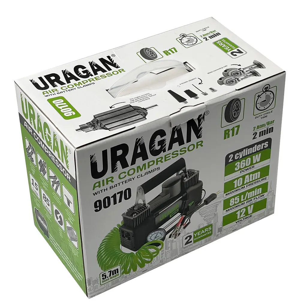 Автомобільний компресор URAGAN 12V Двопоршневий 30А 85л 360Вт 5,7 м шланг на клемах (90170) - фото 7