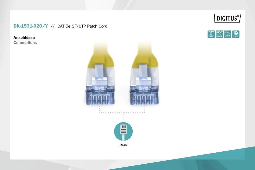 Патч-корд Assmann CAT 5e SF-UTP, Cu, PVC AWG 26/7, 2 м DK-1531-020/Y Yellow - фото 2