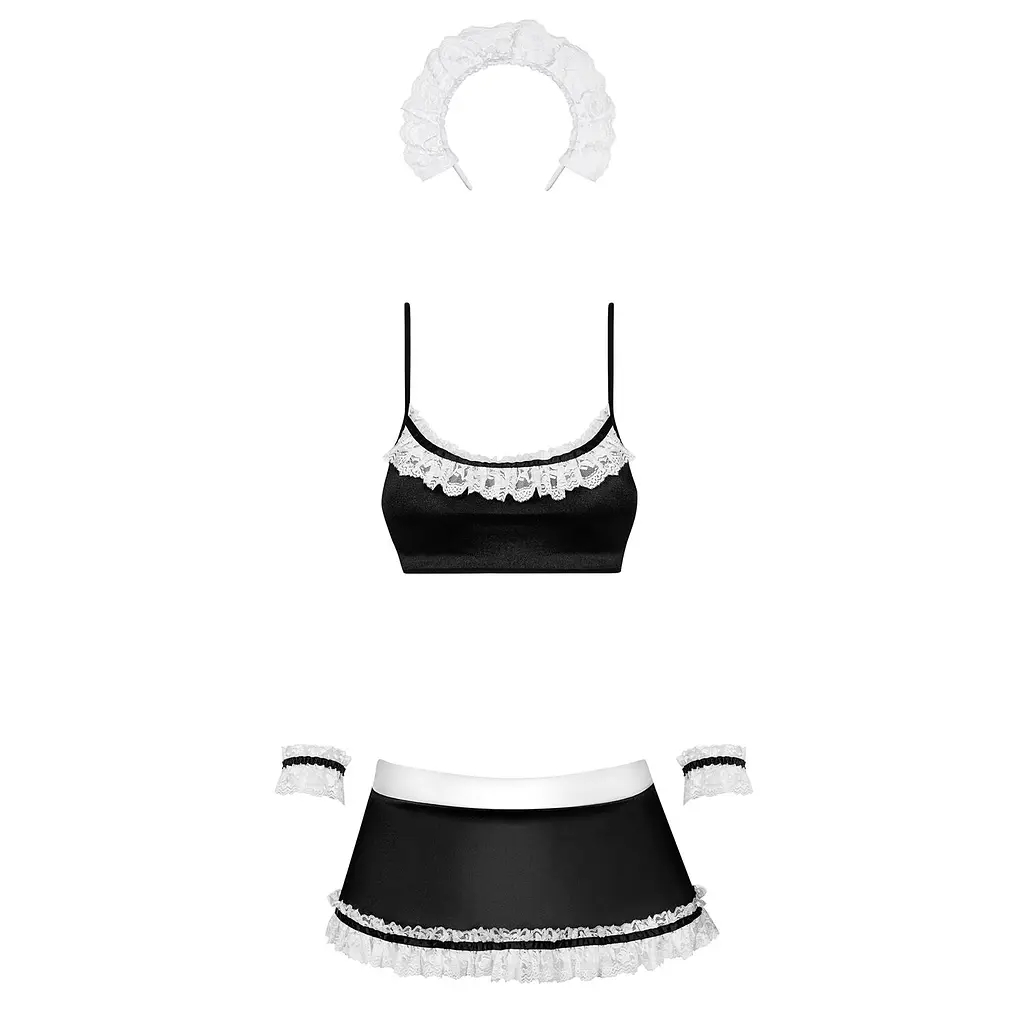 Атласний еротичний костюм покоївки Obsessive Maid set S/M, black, 5 предметів - фото 5