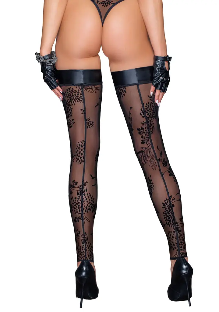 Панчохи без миска Noir Handmade F243 Tulle stockings with patterned flock embroidery, 3XL - фото 2