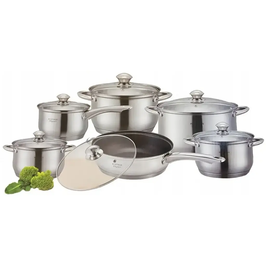 Набор кастрюль со стеклянными крышками Hoffner HF-9977 5 шаровое дно сталь 12 предметов - фото 1