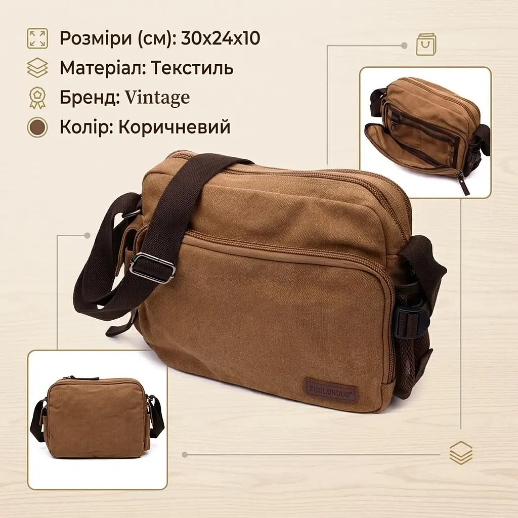 Містка чоловіча сумка месенджер із щільного текстилю Vintage 22205 коричневий - фото 2