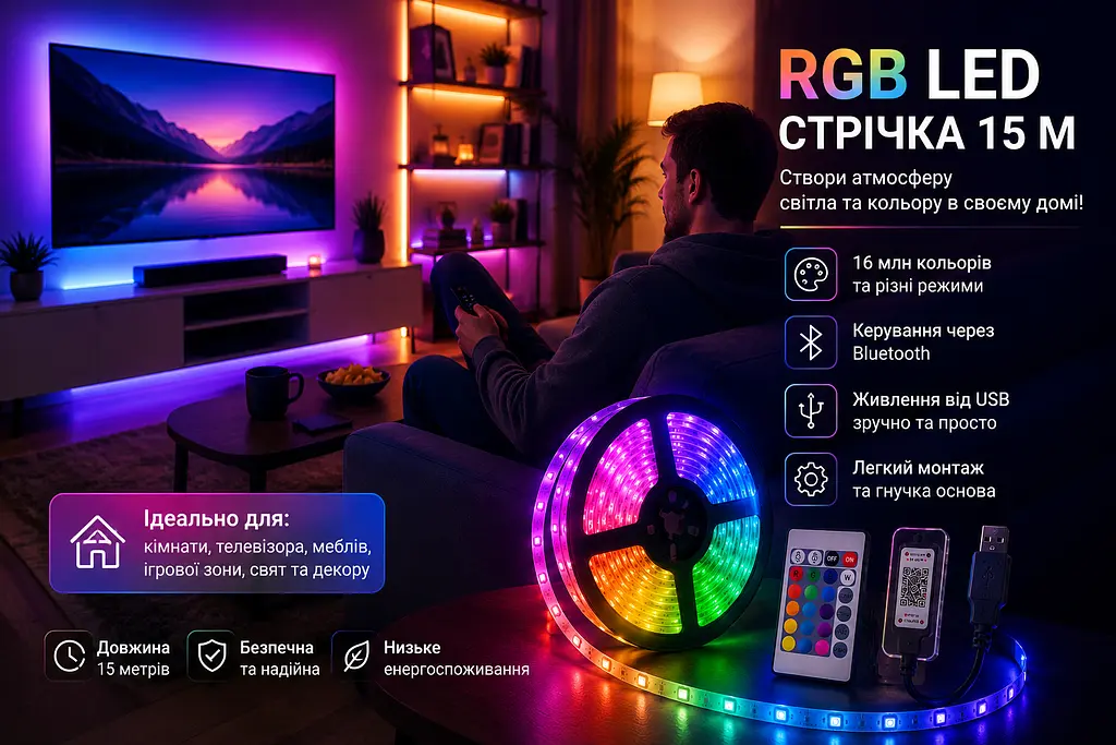 Гнучка світлодіодна стрічка RGB USB 15 м / Стрічка на USB на монітор, меблі + пульт / LED стрічка від павербанку - фото 3