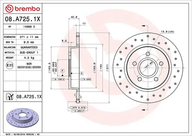 Диск гальмівний задній Ford Focus III 10-20р Brembo (08.A725.1X) - фото 2