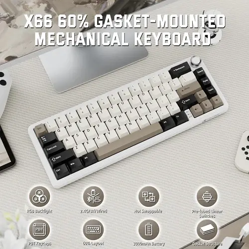 Клавіатура бездротова Attack Shark X66, White Cheese, Bluetooth 5.0 / 2.4GHz USB / Type-C, механічна (перемикачі Linear Strawberry), RGB підсвічування, 66 кнопок, акумулятор 3000 mAh, EN/UA - фото 2