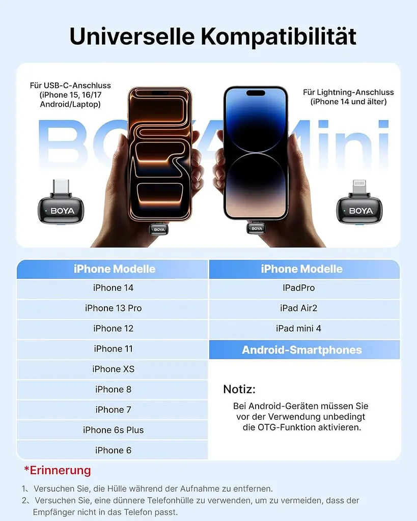 Бездротовий мікрофон BOYA Mini (2TX+2RX) для iPhone та Android, USB-C/Lightning, 48 кГц - фото 4