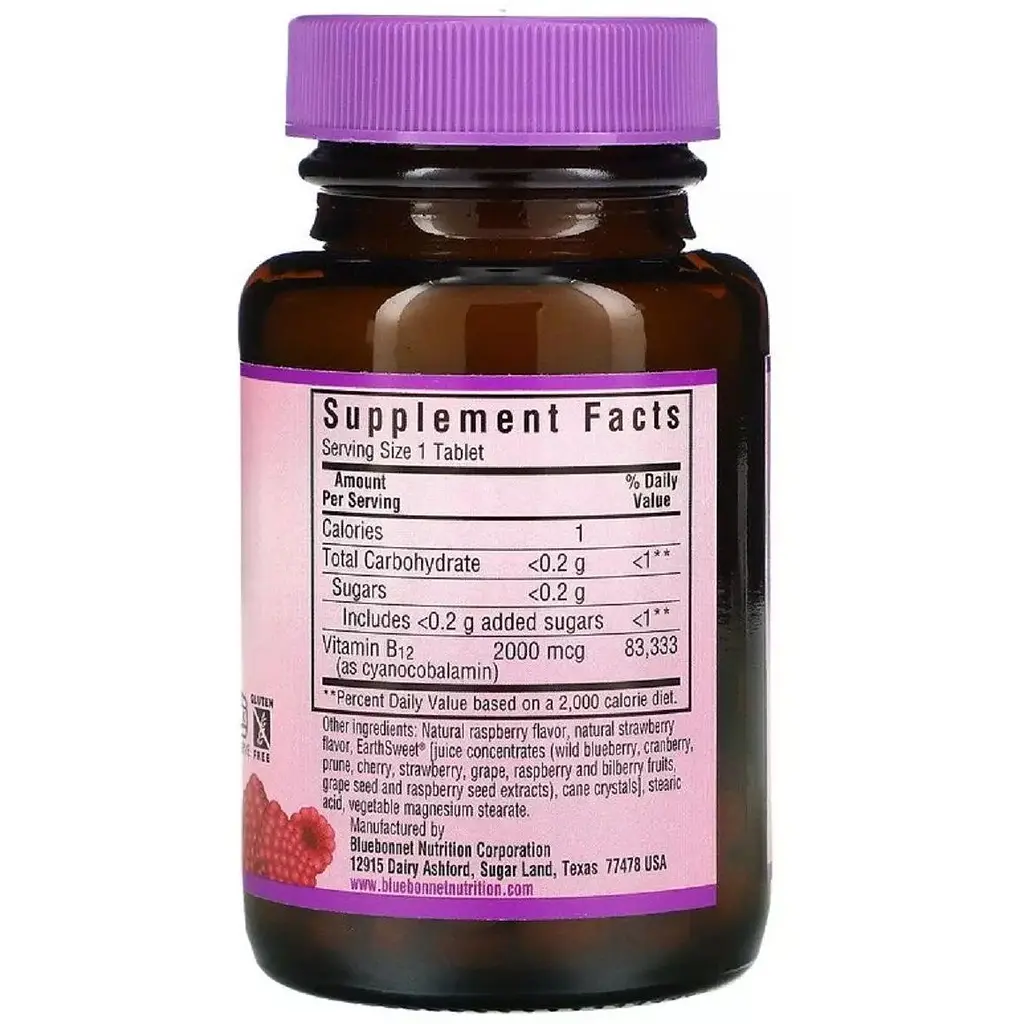 Витамин В12 Bluebonnet Nutrition Earth Sweet Chewable 2000 мкг со вкусом малины 90 таблеток - фото 2
