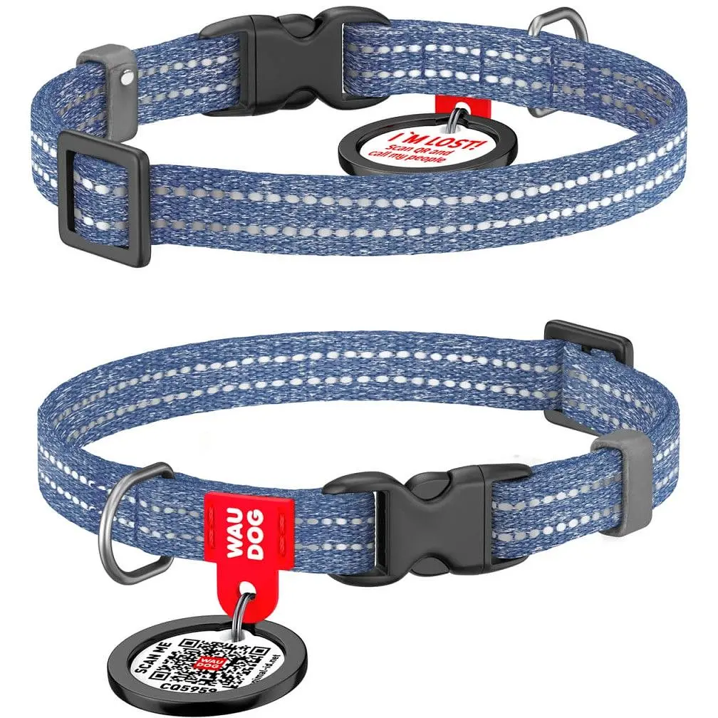 Ошейник для кошек и собак мини-пород Waudog Re-cotton, из восстановленного хлопка, светоотражающий, с QR паспортом, XS, 20-30х1 см, синий - фото 3