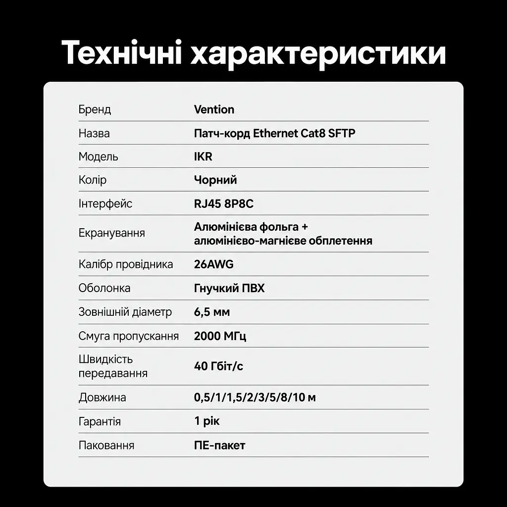 Мережевий кабель Ethernet Vention 1,5 м патч-корд RJ45 штекер на RJ45 штекер Cat8 до 40 Гбіт/с смуга пропускання 2000 МГц з подвійним екрануванням S/FTP з гнучкою оболонкою чорний (IKRBG) - фото 8