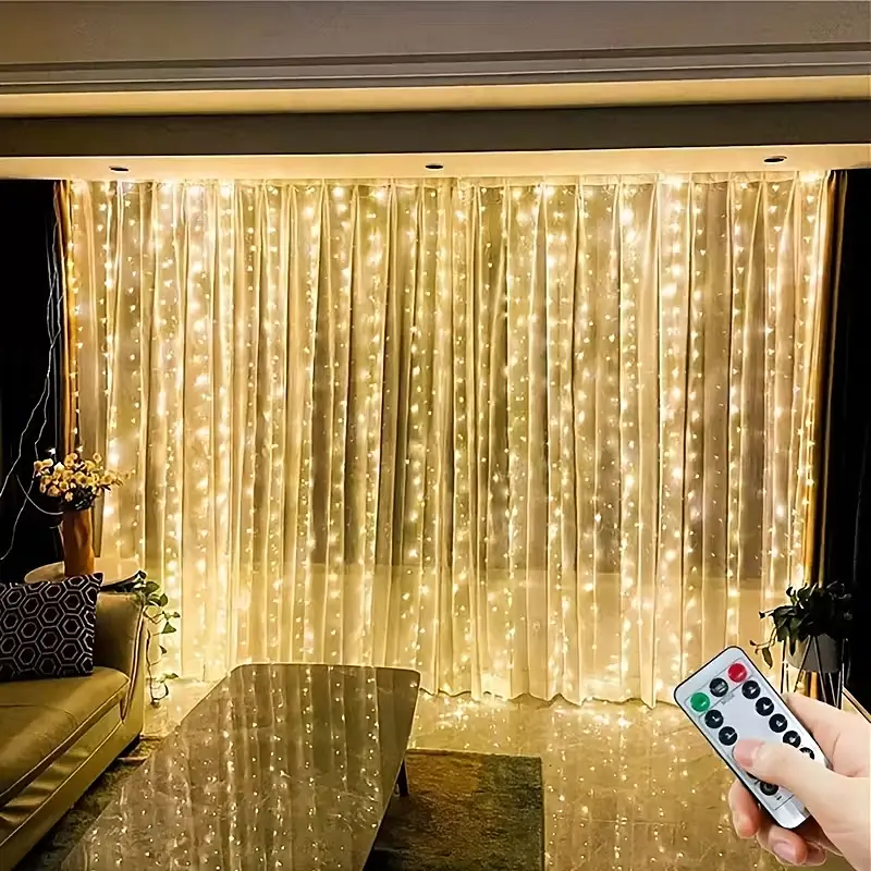 Гірлянда завіса штора 3*3м 300LED USB c пультом 8 режимів для прикрас вікон і тераси, теплий білий (жовтий) - фото 7