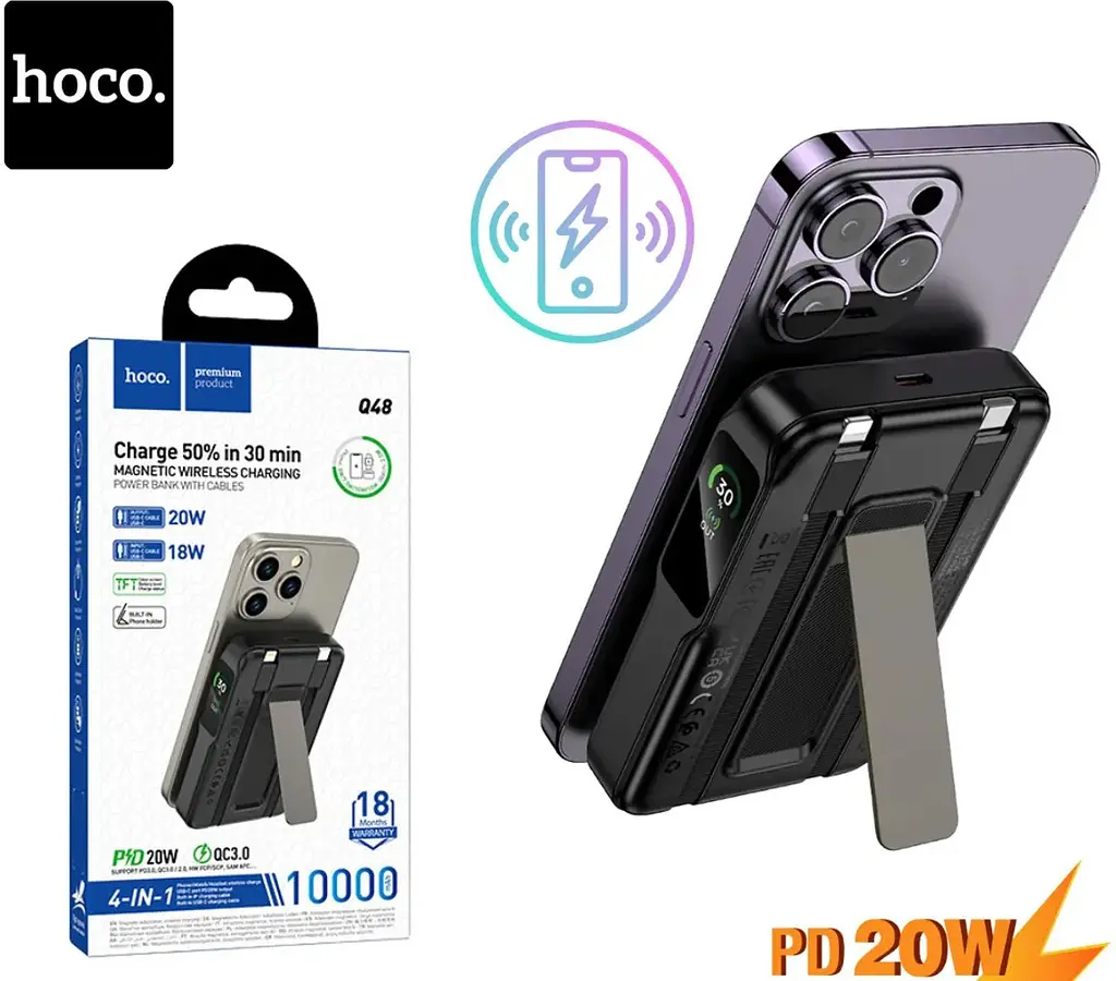 Зовнішній акумулятор + бездротове ЗУ Hoco Q48 Core MagSafe 10000mAh 20W з 2 вбудованими кабелями чорний - фото 6