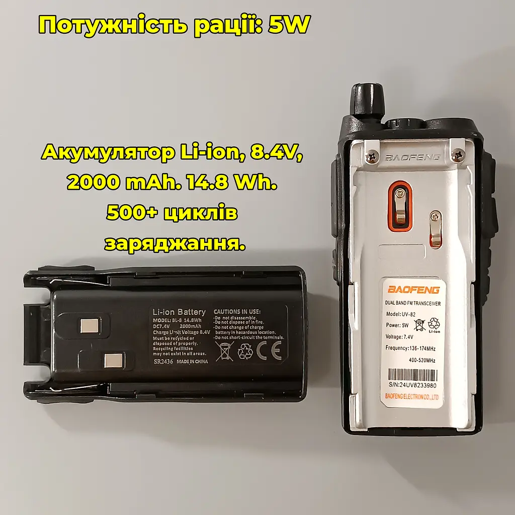 Рація дводіапазонна Baofeng UV-82 (136-174 MHz, 400-520 MHz), 5 Вт, 2000 mAh + ремінець + гарнітура у подарунок - фото 8