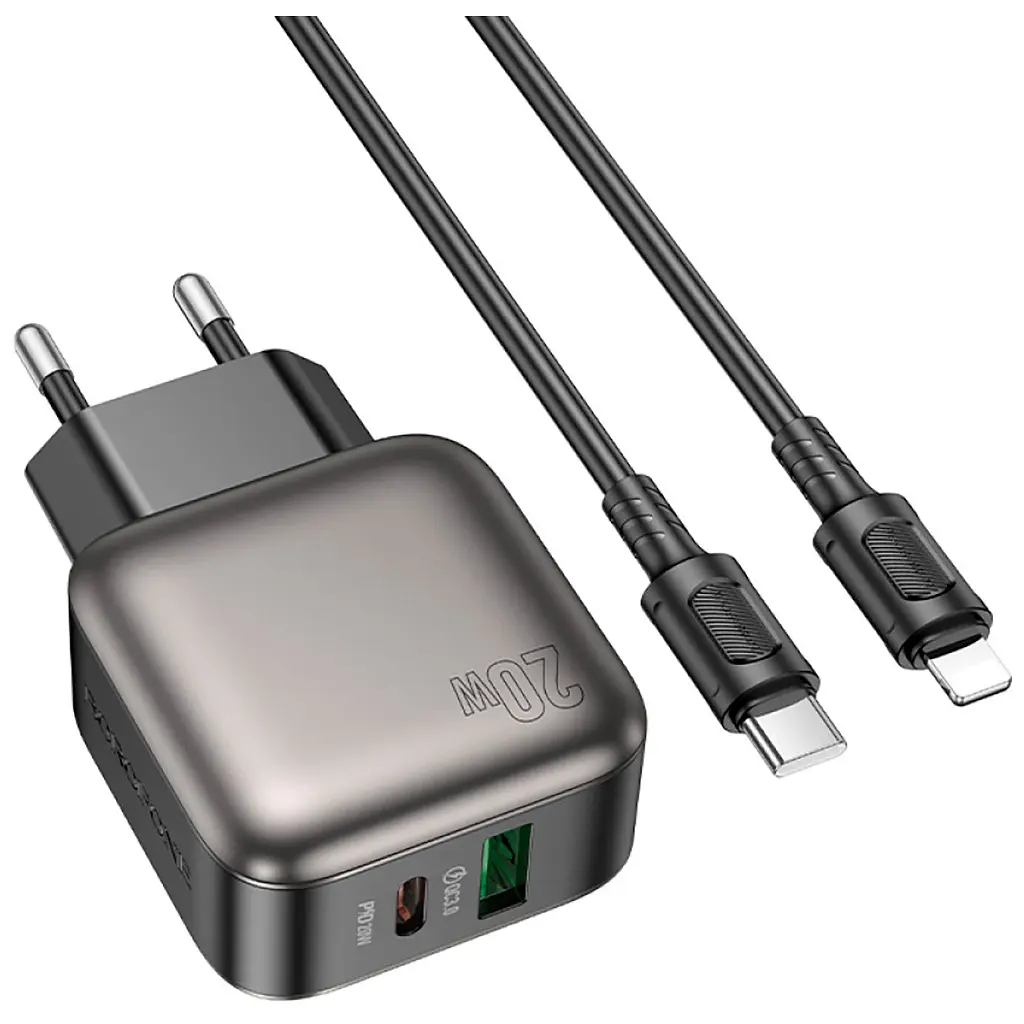 Зарядний пристрій BOROFONE BAS54A Absolute 1xUSB-C PD 20 Вт + 1xUSB QC 3.0 + кабель USB-C — Lightning чорний (6941991116216) - фото 3