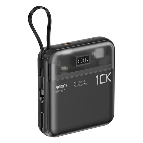 Павербанк Remax RPP-602 10000 мАг до 22.5 Вт USB-A USB-C Lightning PD QC З кабелем Чорний (1993)
