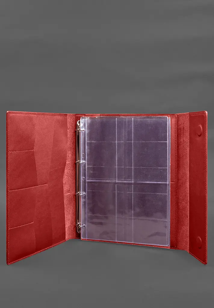 Кожаная папка для документов "Семейная" А4 на сегрегаторе с файлами красный - фото 3