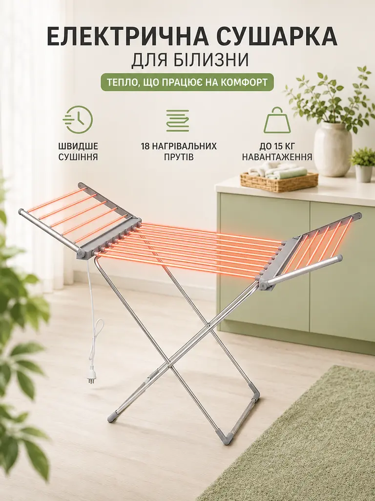 Електрична сушарка для білизни складана 18 прутів 146×55×74 см 230 W до 15 кг (49676054) - фото 9